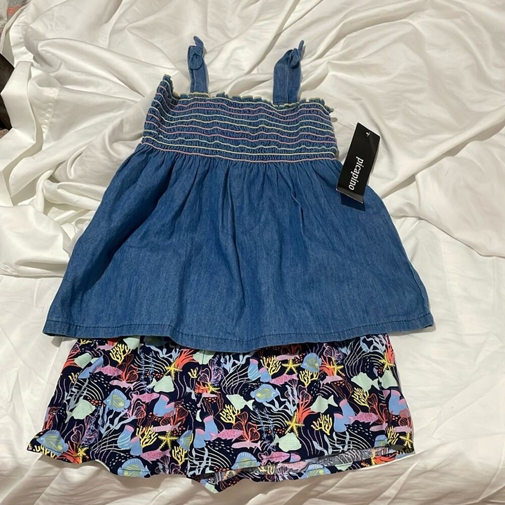 Picapino 8 chambrey denim look tank with elastic waist fish shorts nwt